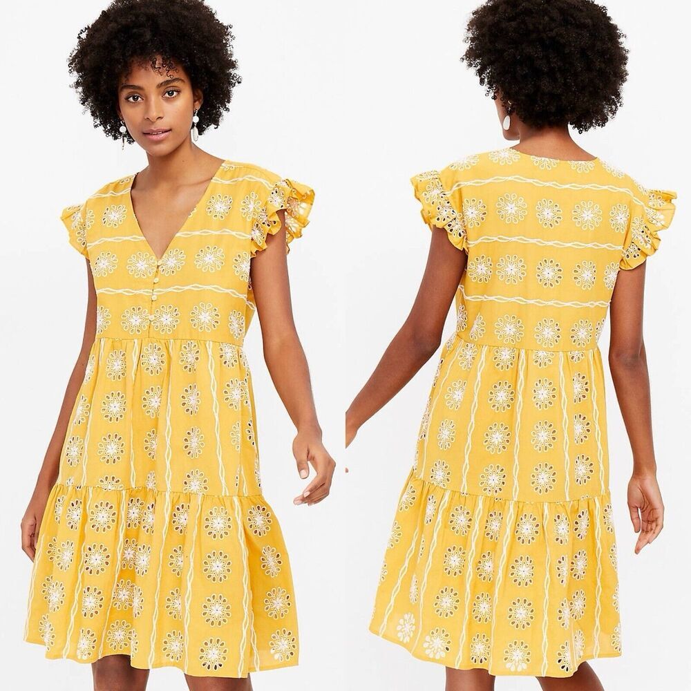 Loft Womens Dress XSP Yellow Floral Eyelet Henley Ruffle Sleeve Tiered Casual